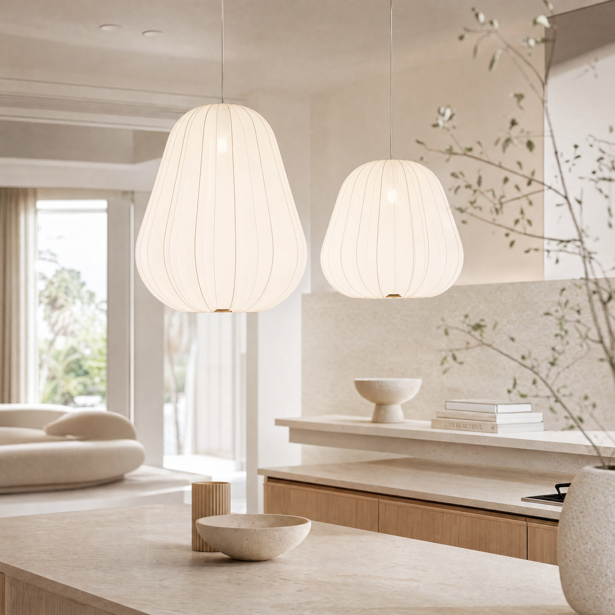 Modern Japanese pendant lamp in white fabric