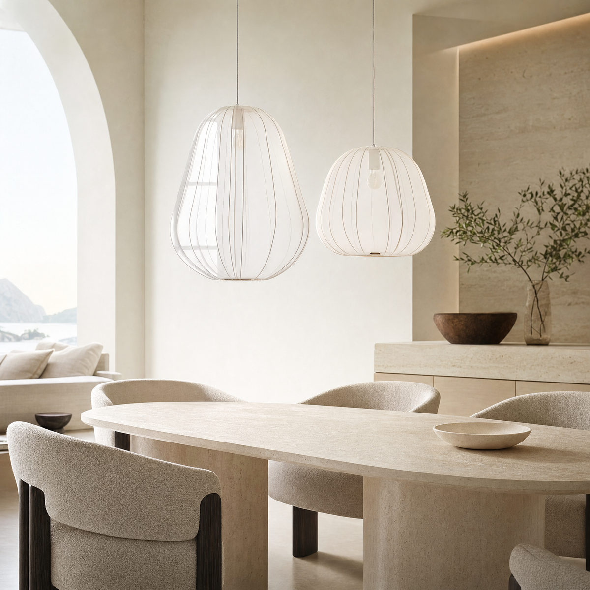 Modern Japanese pendant lamp in white fabric