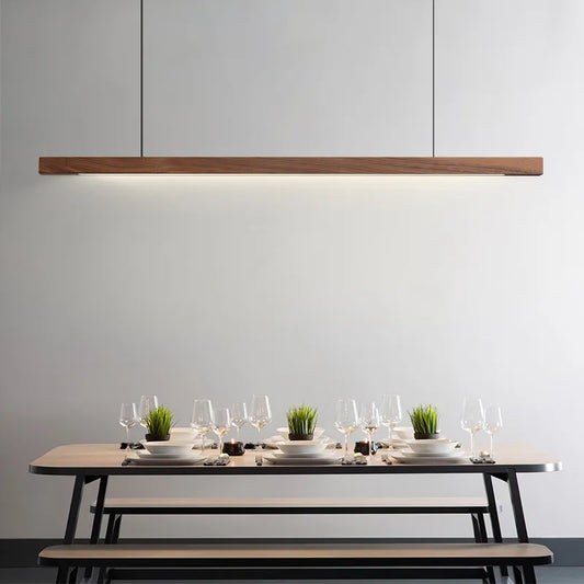 Houten hanglamp eettafel, langwerpig